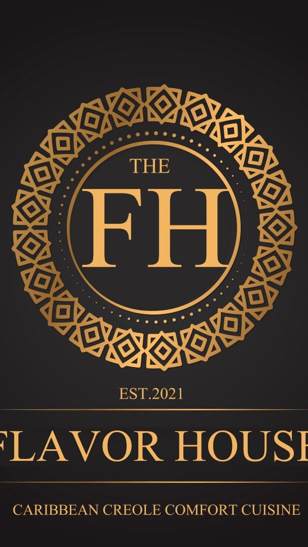 The Flavor House gold FH monogram crest reading Caribbean Creole Comfort Cuisine