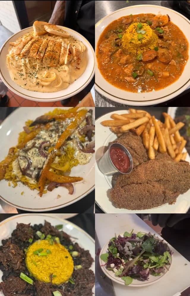 An overhead spread of six Flavor House dishes showing the range of the menu
